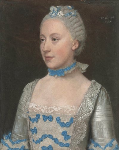 Portrait of Madame Saint-Pol, Half-Length, in a Light Blue Dress Adorned with Blue and White Silk Bows and Lace by Jean Étienne Liotard